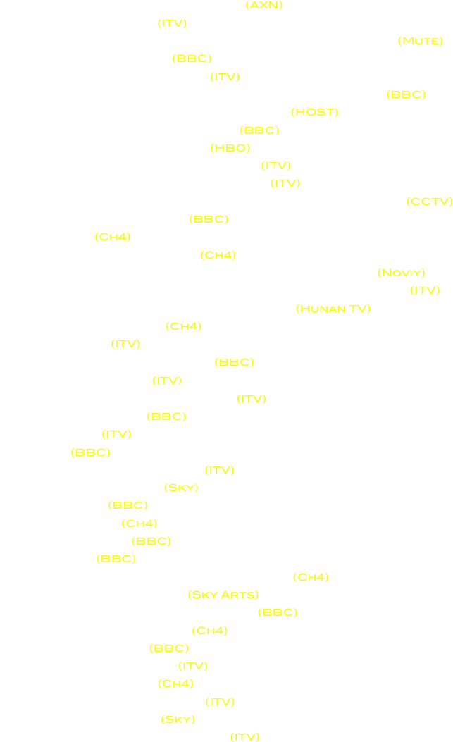 Asia’s Got Talent - Singapore 2015  (AXN) 

A Night With Beyonce  (ITV) 

Goldfrapp Live From Air Studios To Worldwide Cinemas  (Mute)

U2 Live at Glastonbury  (BBC)

The X Factor  (2004-present)  (ITV)

World War One Centenary at Westminster Abbey 2014  (BBC) 

The Commonwealth Games Glasgow 2014  (HOST)

The British Academy Film Awards  (BBC)

Beyonce : Life Is But A Dream  (HBO)

Britain’s Got Talent  (2007-present)  (ITV)

Ant & Dec’s Saturday Night Takeaway  (ITV)

Song Zuying, Andrea Bocelli & Lang Lang at the RAH 2012 (CCTV)

The Graham Norton Show  (BBC)

The Last Leg  (Ch4)

The British Comedy Awards  (Ch4)

Queen & Paul Rodgers Live In Kharkov, Ukraine 2008  (Noviy) 

I’m a Celebrity...Get Me Out Of Here (Australia 2002-now)  (ITV)

Just The Two Of Us (Consultant in China)  (Hunan TV)

Alan Carr Chatty Man  (Ch4)

Dancing On Ice  (ITV)

Russell Howard’s Good News  (BBC)

Harry Hill’s TV Burp  (ITV) 

An Audience With Barry Manilow  (ITV)

Live At The Electric  (BBC) 

Red Or Black  (ITV)

Top Gear  (BBC)

The Pride Of Britain Awards  (ITV)

A League Of Their Own  (Sky)

Not Going Out  (BBC)

T4 On The Beach  (Ch4)

Glastonbury Live  (BBC)

T In The Park  (BBC)

Britain’s Got The Pop Factor (Peter Kay)  (Ch4)

Nile Rodgers Talks Music  (Sky Arts)

The National Lottery - In It To Win It  (BBC)

The Sunday Night Project  (Ch4)

The Scum Also Rises  (BBC)

Al Murray’s Happy Hour  (ITV)

Channel Four Racing  (Ch4)

Champions League Football  (ITV)

Premiership Football  (Sky)

Who Wants To Be a Millionaire ?  (ITV)
